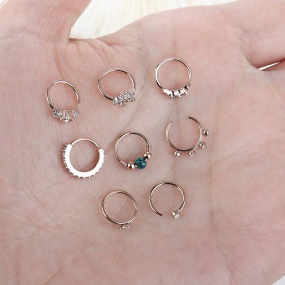 20G 316L Stainless Steel Rose Gold and Cubic Zirconia Nose Hoop Rings - Set of 8 - Picture 4 of 6
